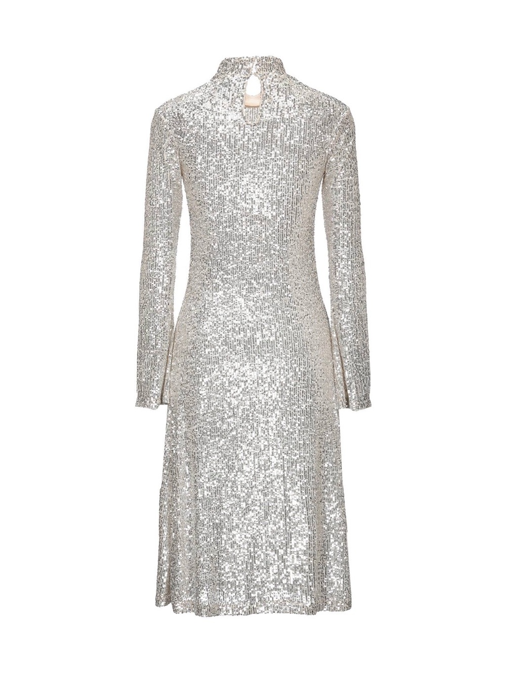 Silver Sequin Long-Sleeve Midi Dress with High Neck